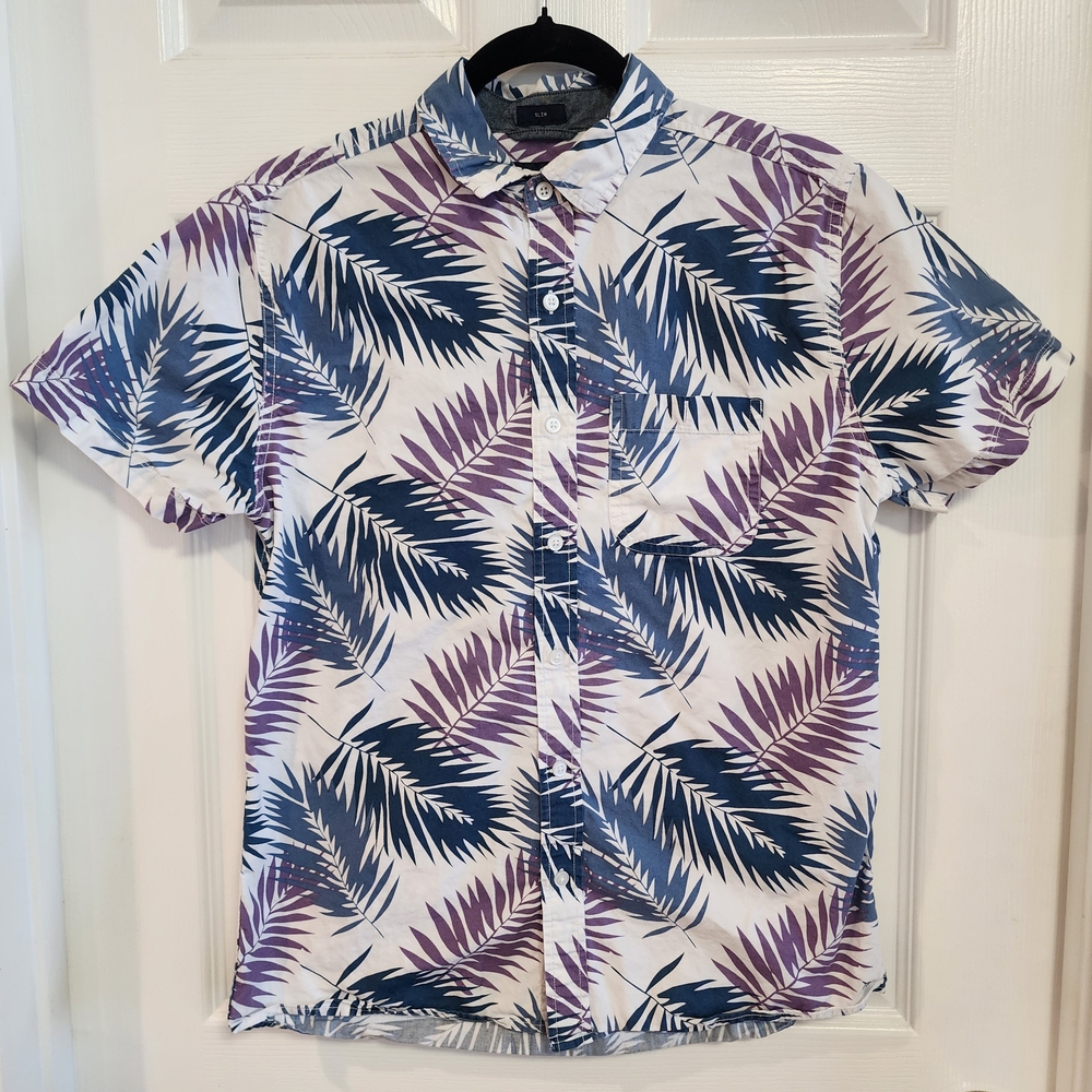 Even Tide Men's Blue&Purple Leaf Pattern Short Sleeve Hawaiian Shirt Small Slim